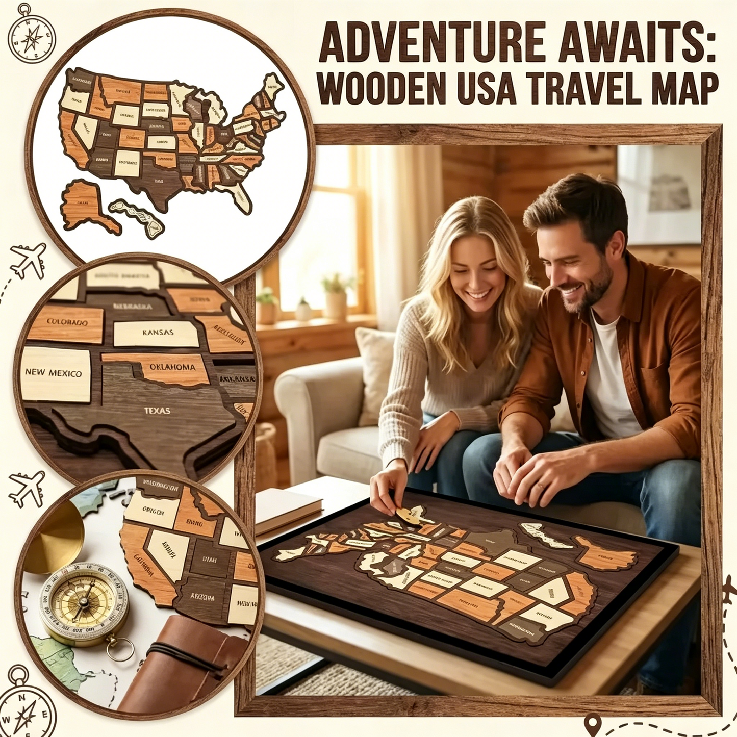 🔥Last Day 50% OFF -🇺🇸 Wooden USA Travel Map Puzzle🧩A Stylish Way to Track Your Journey