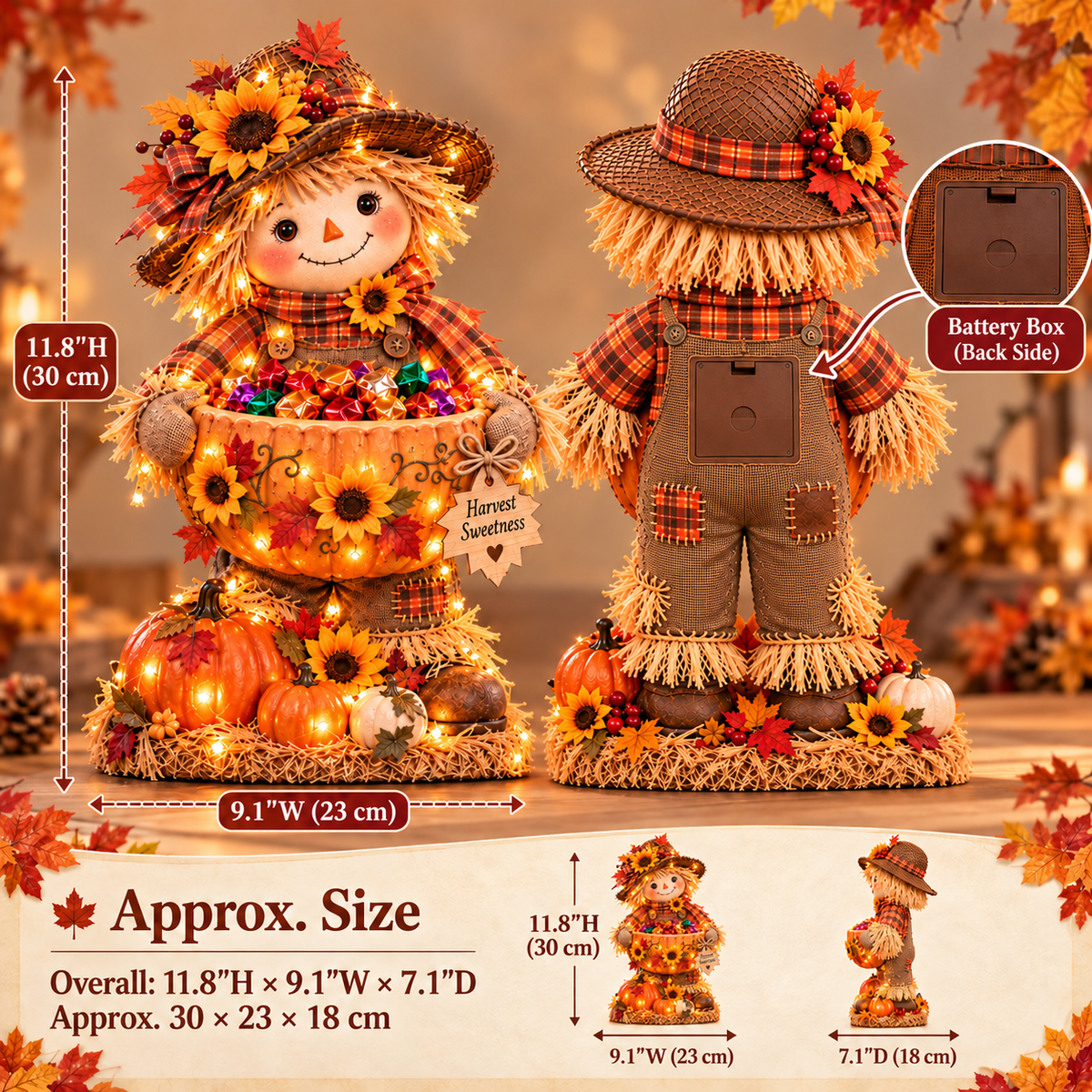 🍂 Harvest Buddy™ – Lighted Scarecrow Candy Bowl & Thanksgiving Centerpiece