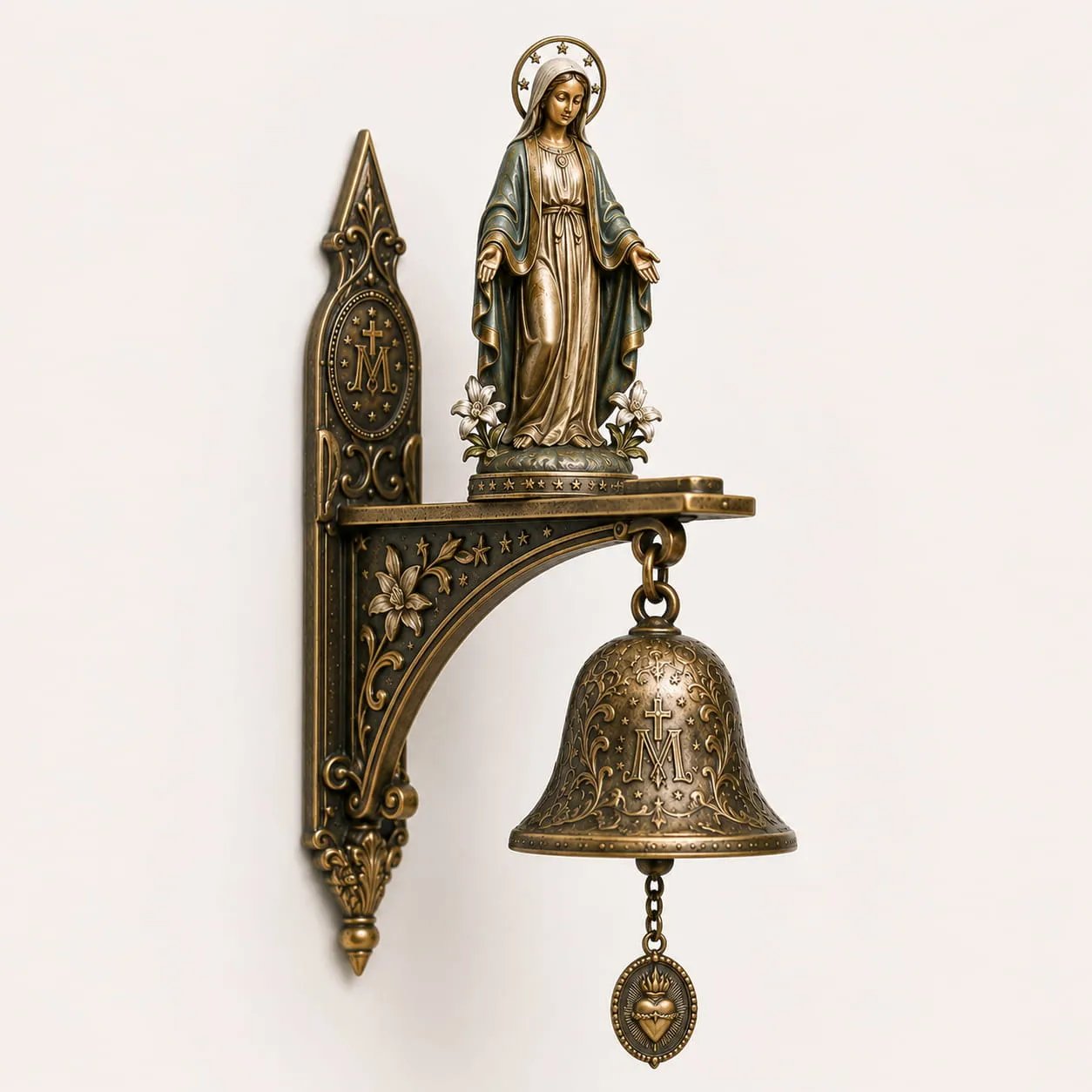 ✨Our Lady of Grace Bronze Miraculous Medal Wall Bell | 🙏Catholic Religious Home & Garden Decor"