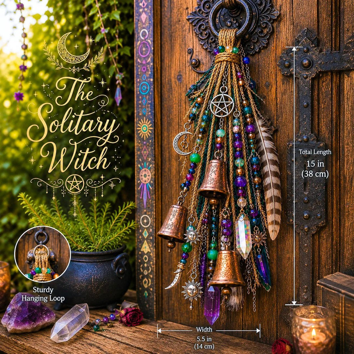 🌙 Celestial Door Charm – Vintage Bells, Moon Charms & Crystal-Style Hanging Decor
