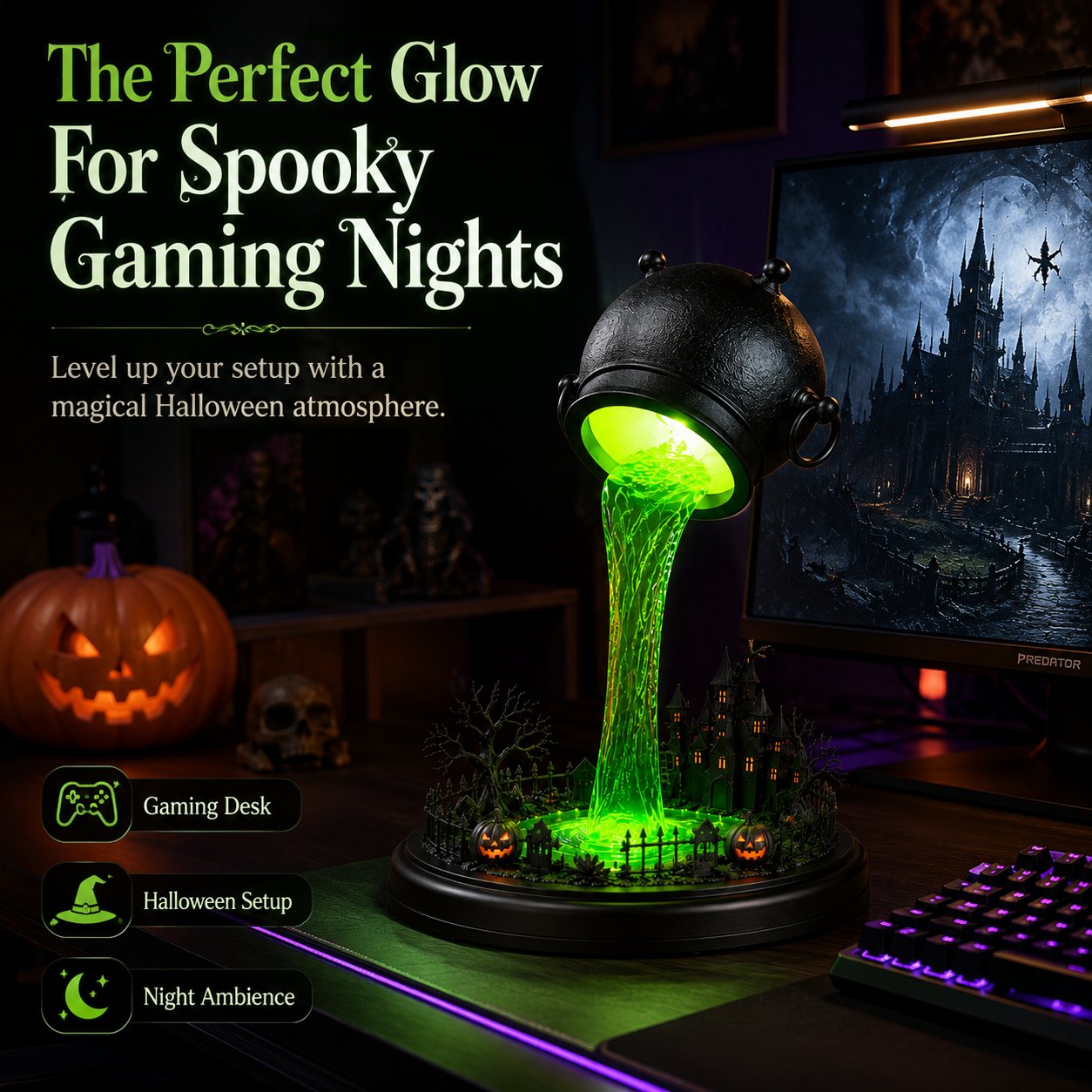 🔥 LAST DAY 49% OFF – 🧙‍♀️ Glowing Witch Cauldron Desk Lamp | Spilling Green Magic Light with Haunted Castle, Pumpkins & Gothic Halloween Vibes 🧪✨
