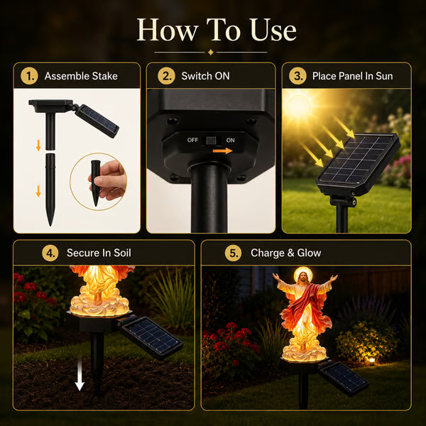 Setup guide illustrating stake assembly, switching on, sun exposure, securing in soil, and evening illumination