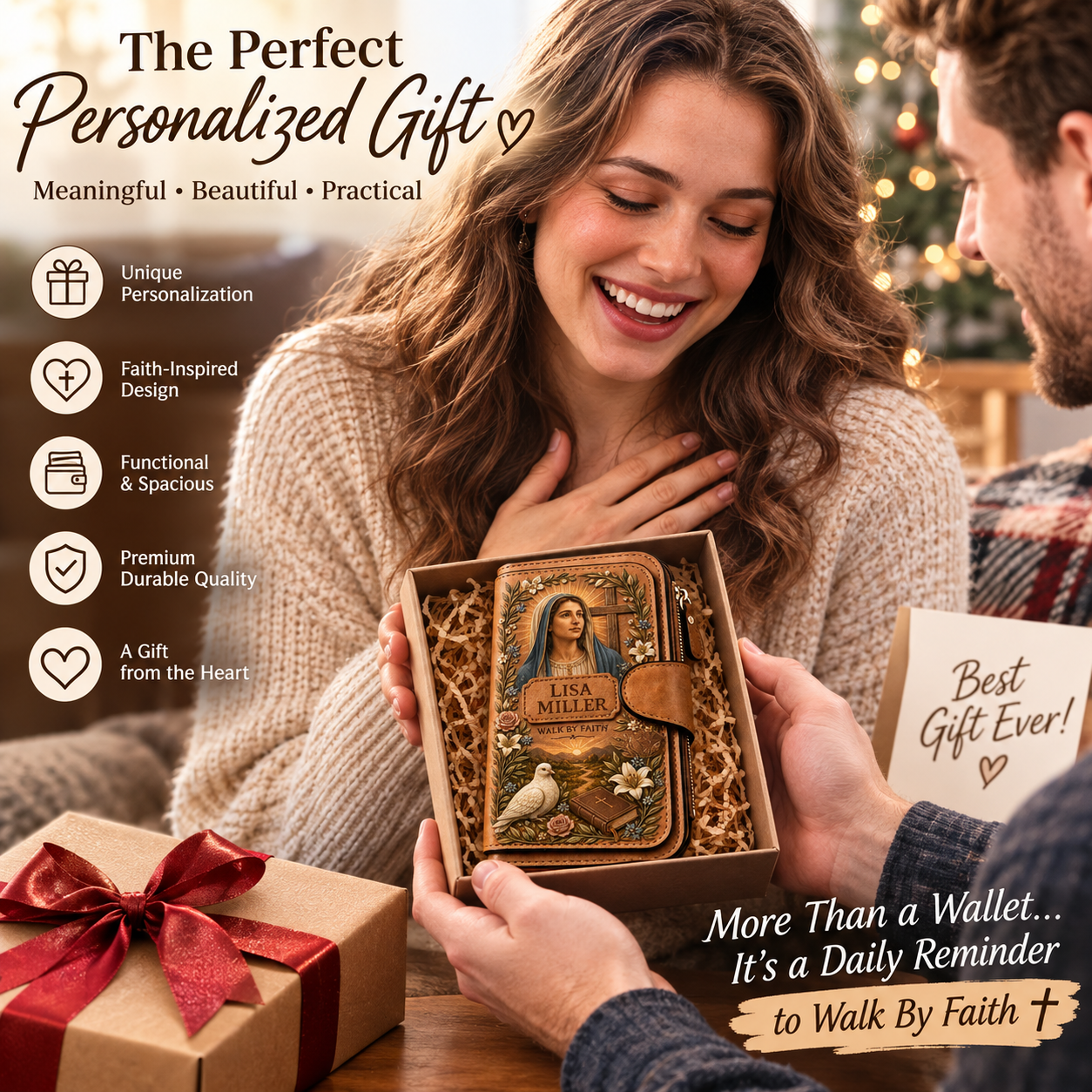 Personalized "Walk By Faith" Vintage Leather Clutch Wallet 🕊️ | Jesus & Mary Editions