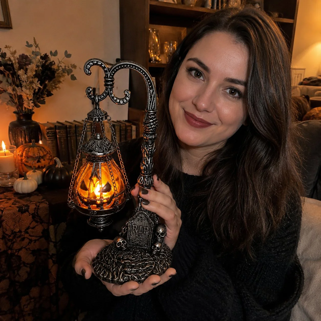 🔥 Last Day 50% OFF 🎃 Gothic Pumpkin Lantern Stand | Warm Orange LED Glow & Haunted Victorian Decor🕯️
