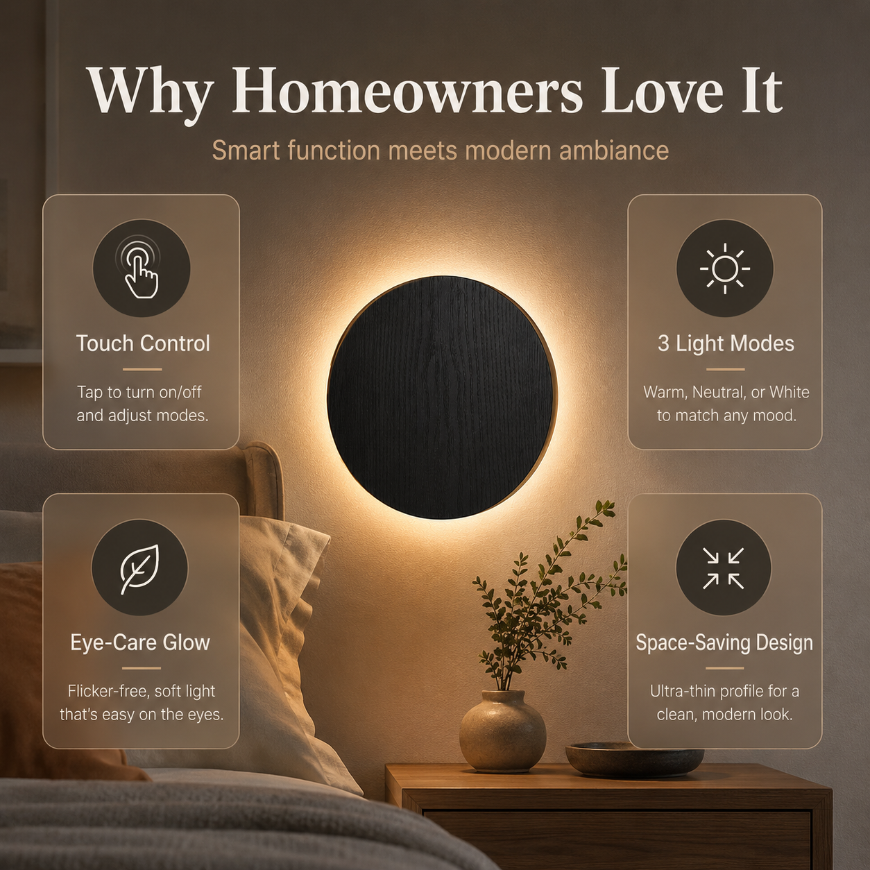 Minimalist Round LED Touch Sconce | 3 Color Modes