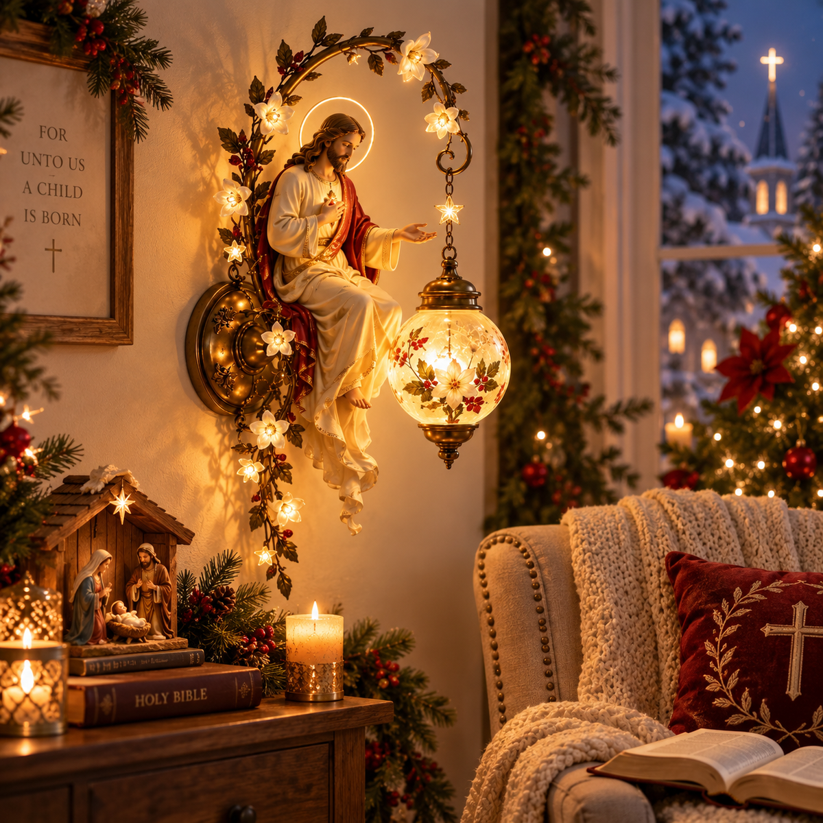Jesus wall lamp in Christian Christmas living room