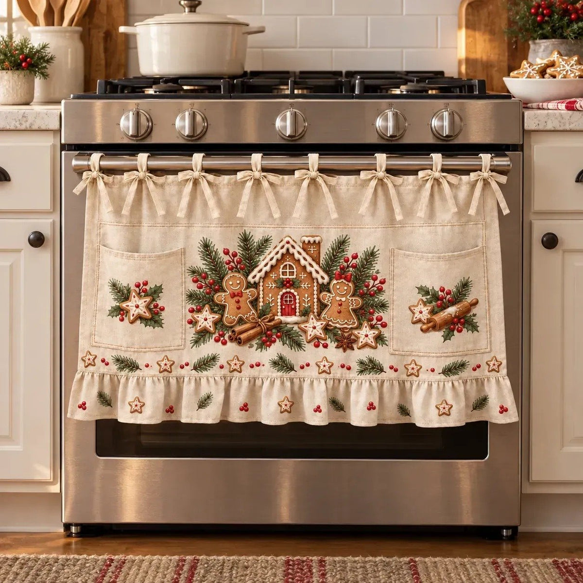 🎄 Christmas Kitchen Tie-On Skirt | Festive Holiday Designs with Pockets & Ruffled Trim