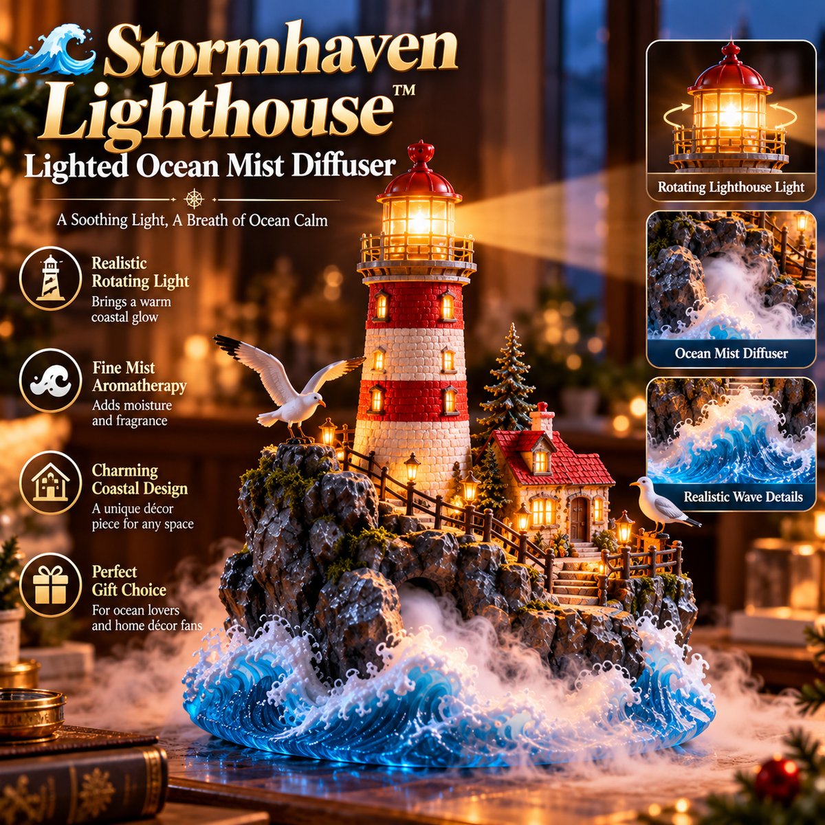 🌊 Stormhaven Lighthouse™ – Lighted Ocean Mist Diffuser | A Glowing Coastal Escape of Waves, Warmth & Wonder