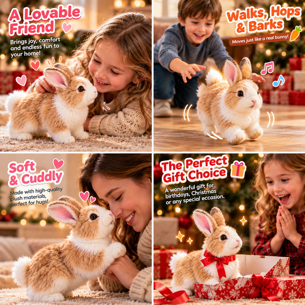 Caramel and cream Bunny Buddy in a Christmas home