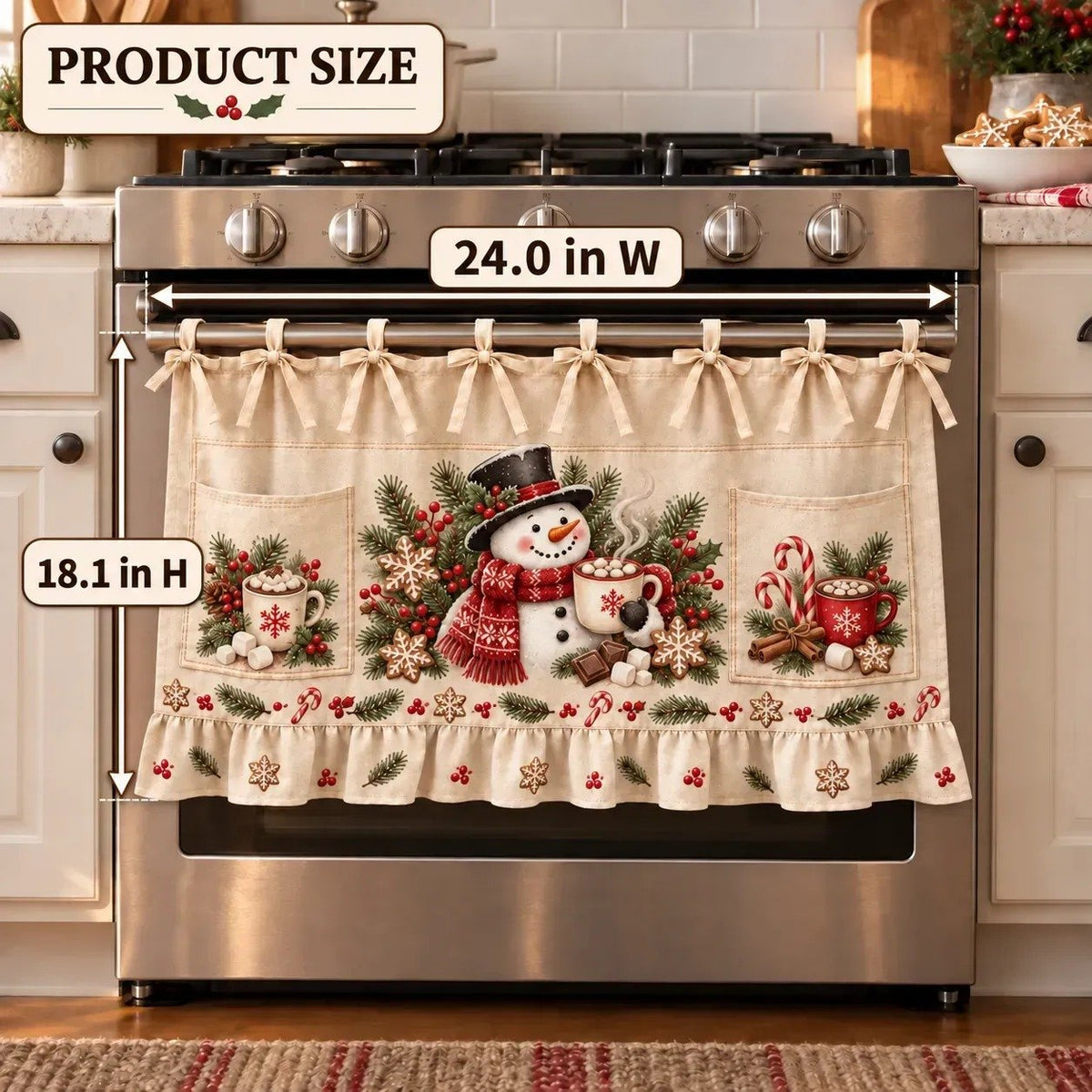 🎄 Christmas Kitchen Tie-On Skirt | Festive Holiday Designs with Pockets & Ruffled Trim