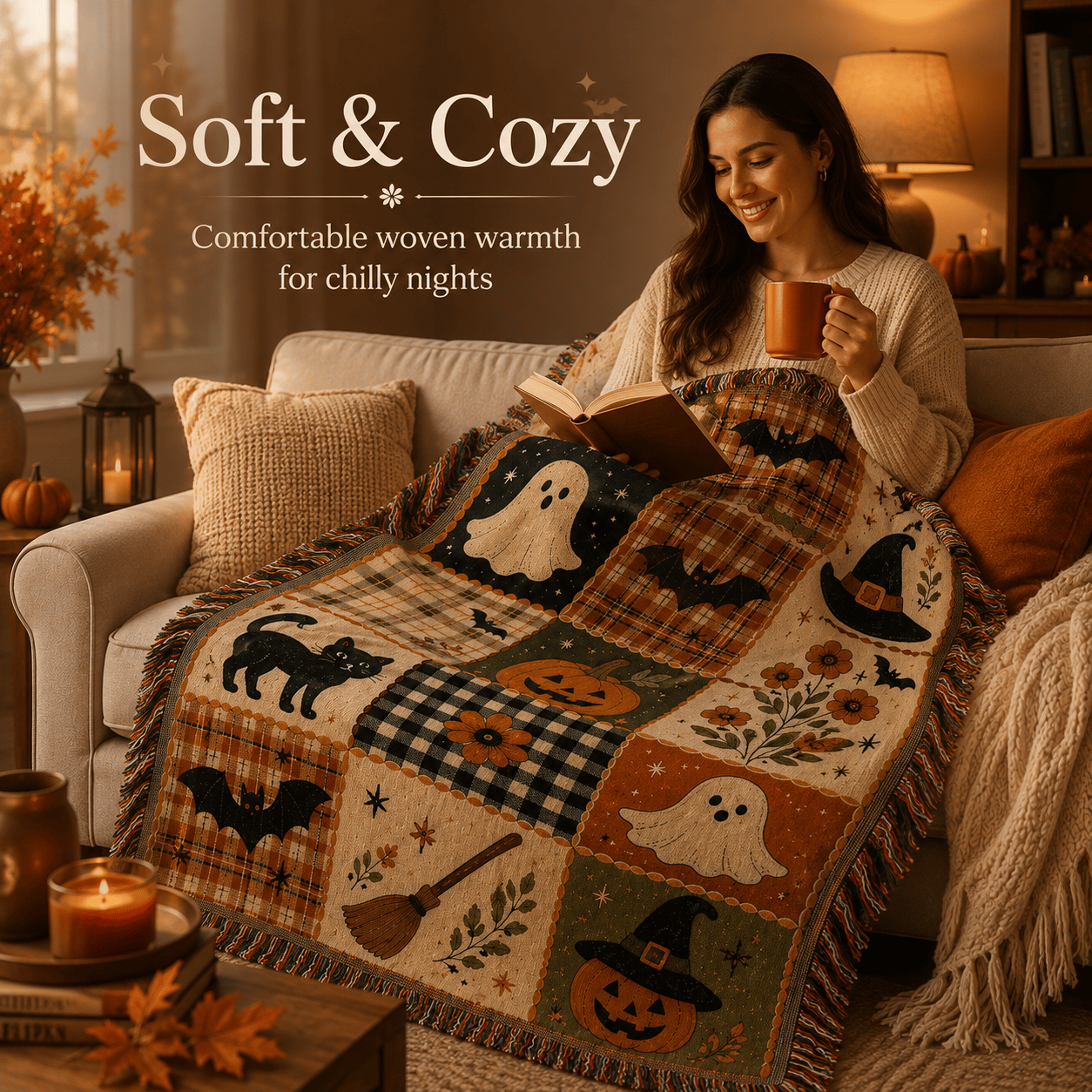 🍂🎃Vintage Halloween Woven Throw: 12-Tile Jacquard Blanket with Fringe
