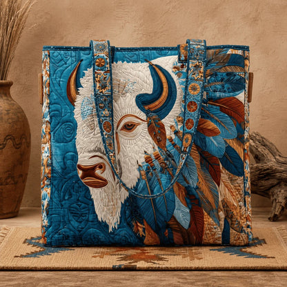 ✨Handmade Quilted Tote Bag — 🎨 Sacred White Buffalo Boho Design, Padded Lined Large Carryall