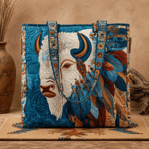 ✨Handmade Quilted Tote Bag — 🎨 Sacred White Buffalo Boho Design, Padded Lined Large Carryall