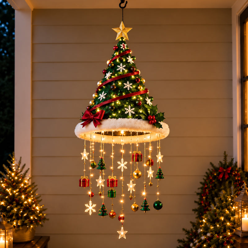 Christmas tree hat design with glowing strands and hanging festive ornaments