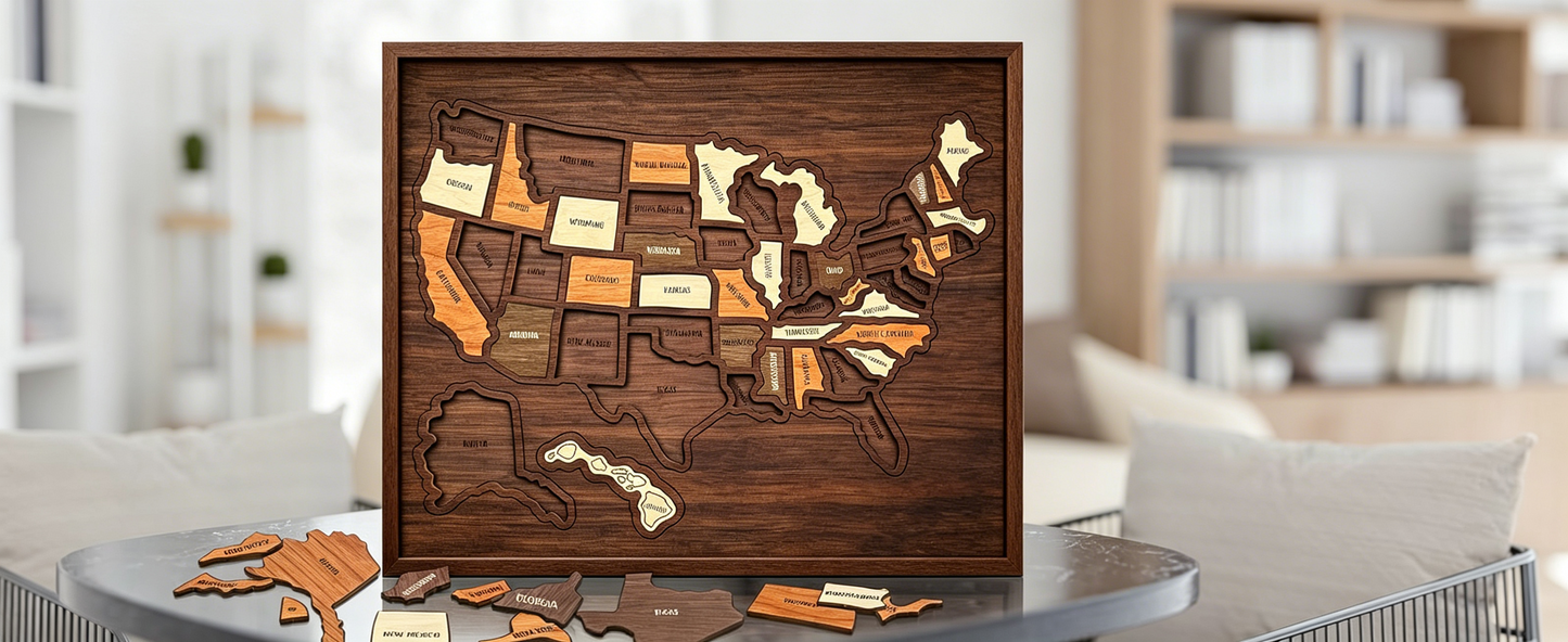 🔥Last Day 50% OFF -🇺🇸 Wooden USA Travel Map Puzzle🧩A Stylish Way to Track Your Journey