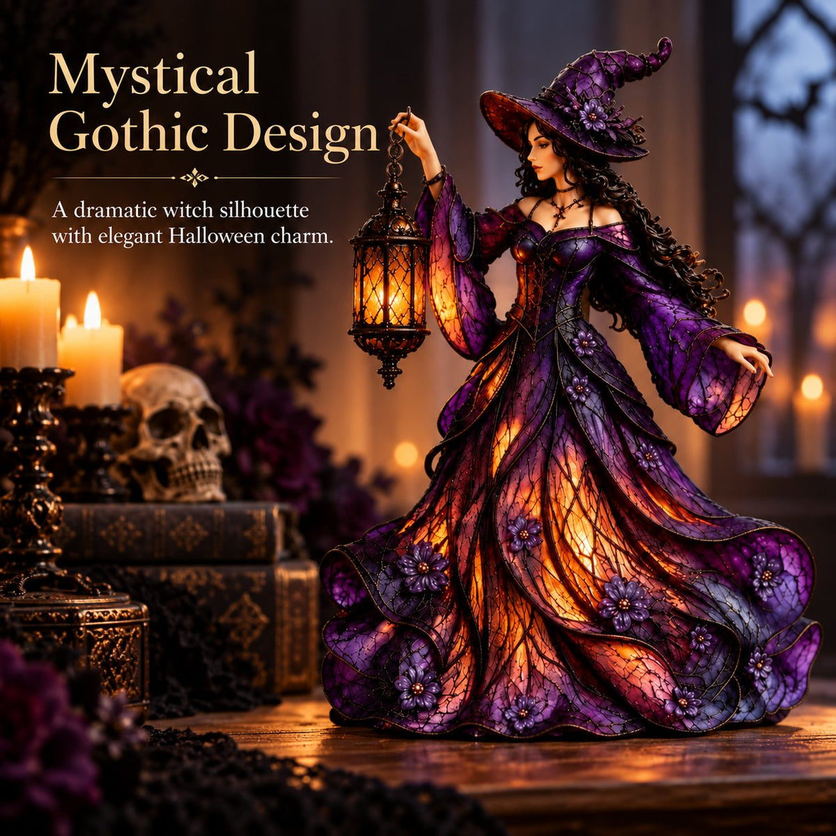 🧙‍♀️ Enchanted Gothic Witch Lantern™ – Lighted Halloween Figurine for Mantel & Home Decor