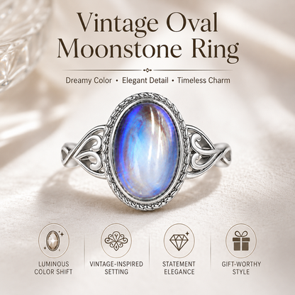Vintage Rainbow Moonstone Ring – Oval Cabochon Filigree Jewelry for Women