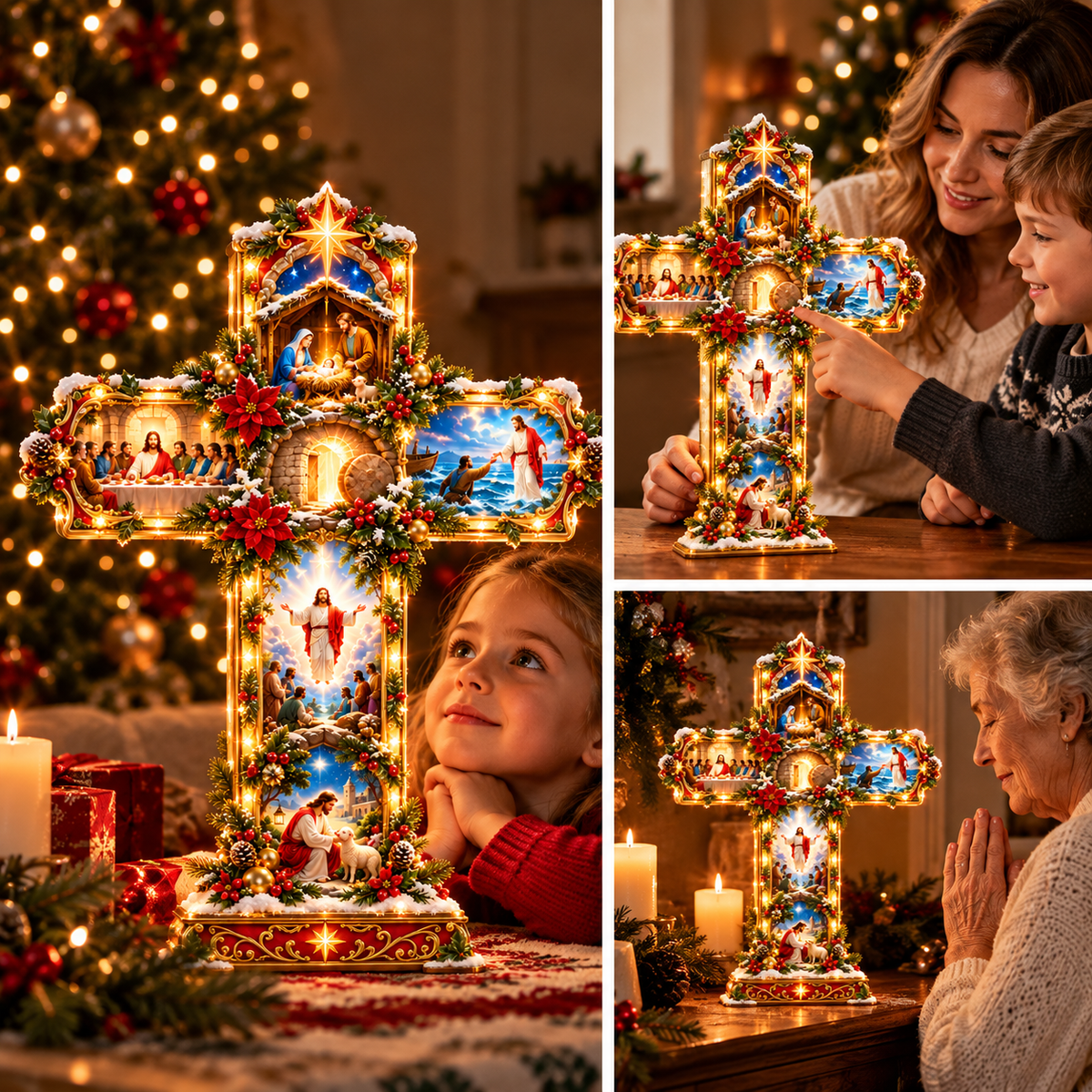 🎄✝️ The Story of Jesus™ – Lighted 3D Christmas Cross with 6 Biblical Scenes