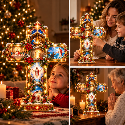 🎄✝️ The Story of Jesus™ – Lighted 3D Christmas Cross with 6 Biblical Scenes