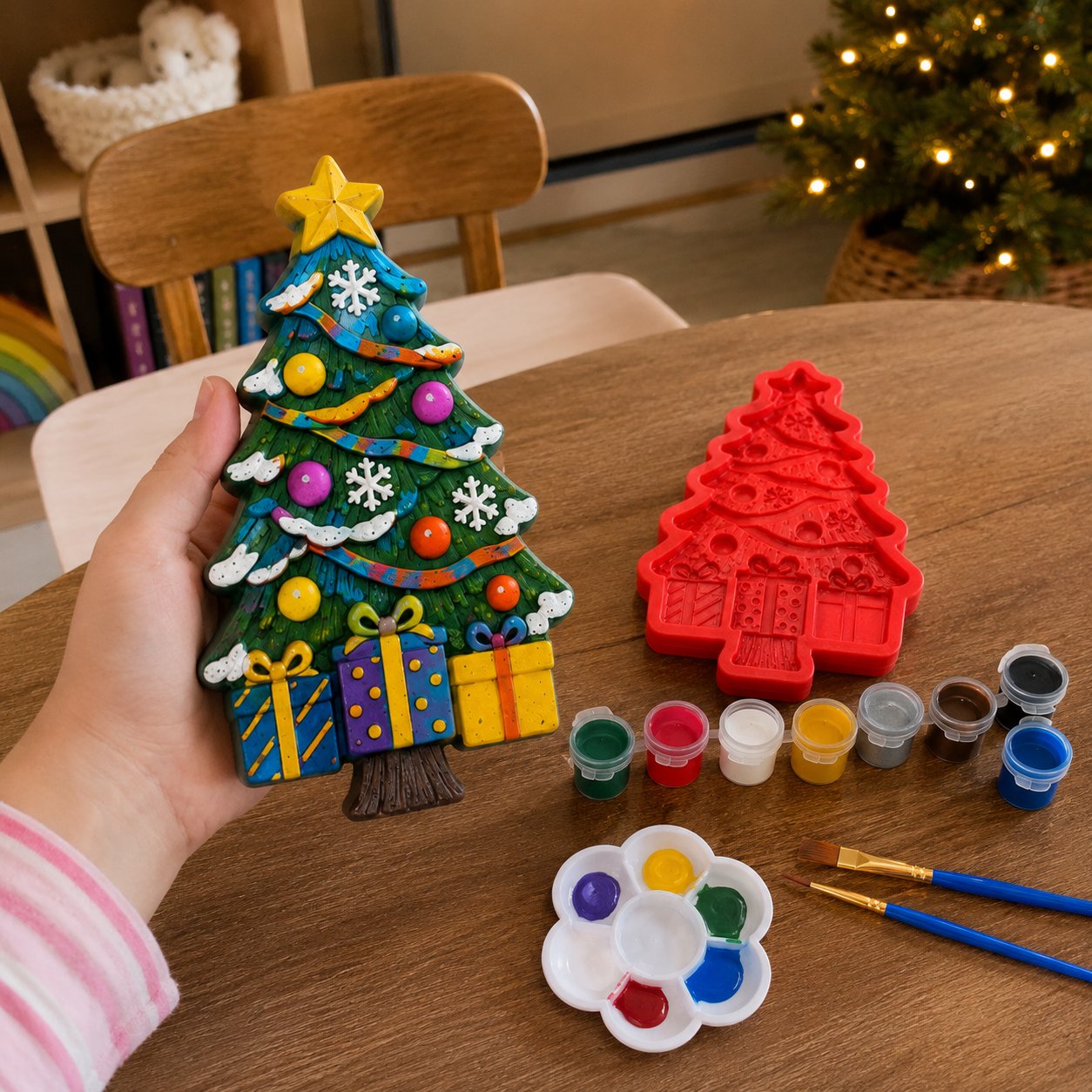 🎉🎄 DIY Christmas Tree Mold & Paint Craft Kit | Reusable 3D Mold with 8 Acrylic Paints, 2 Brushes & Festive Detail Guide 🎨✨