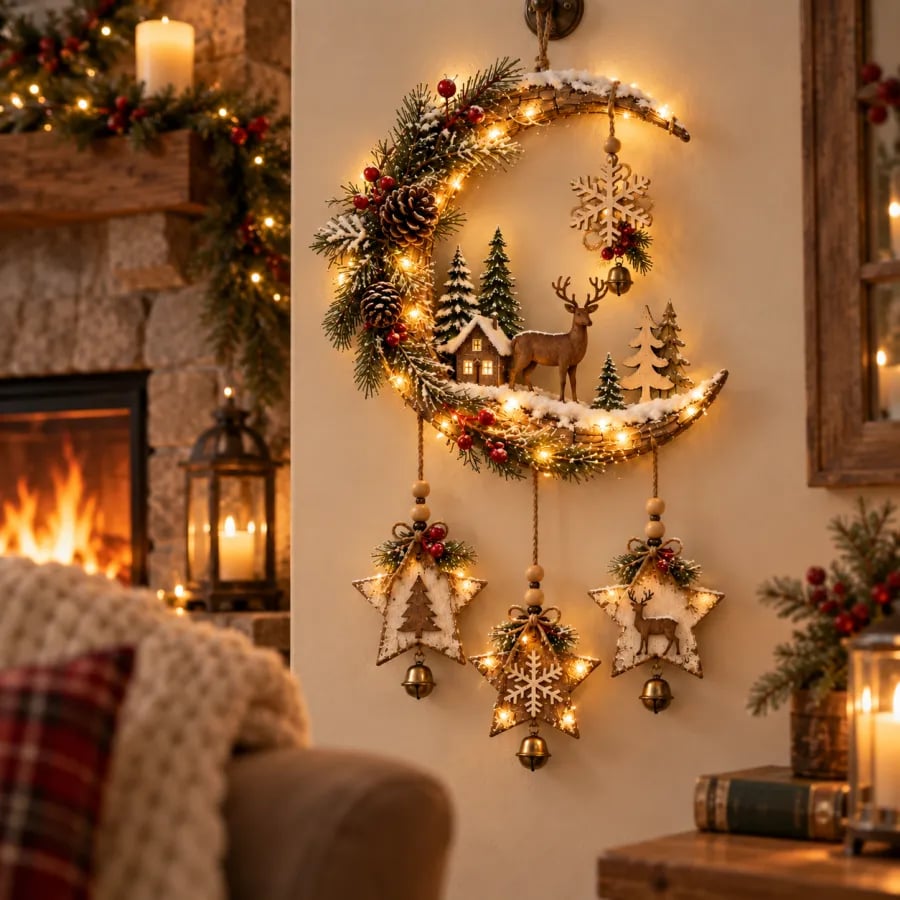 🌙🦌Lighted Rustic Christmas Crescent Moon Wall Decor