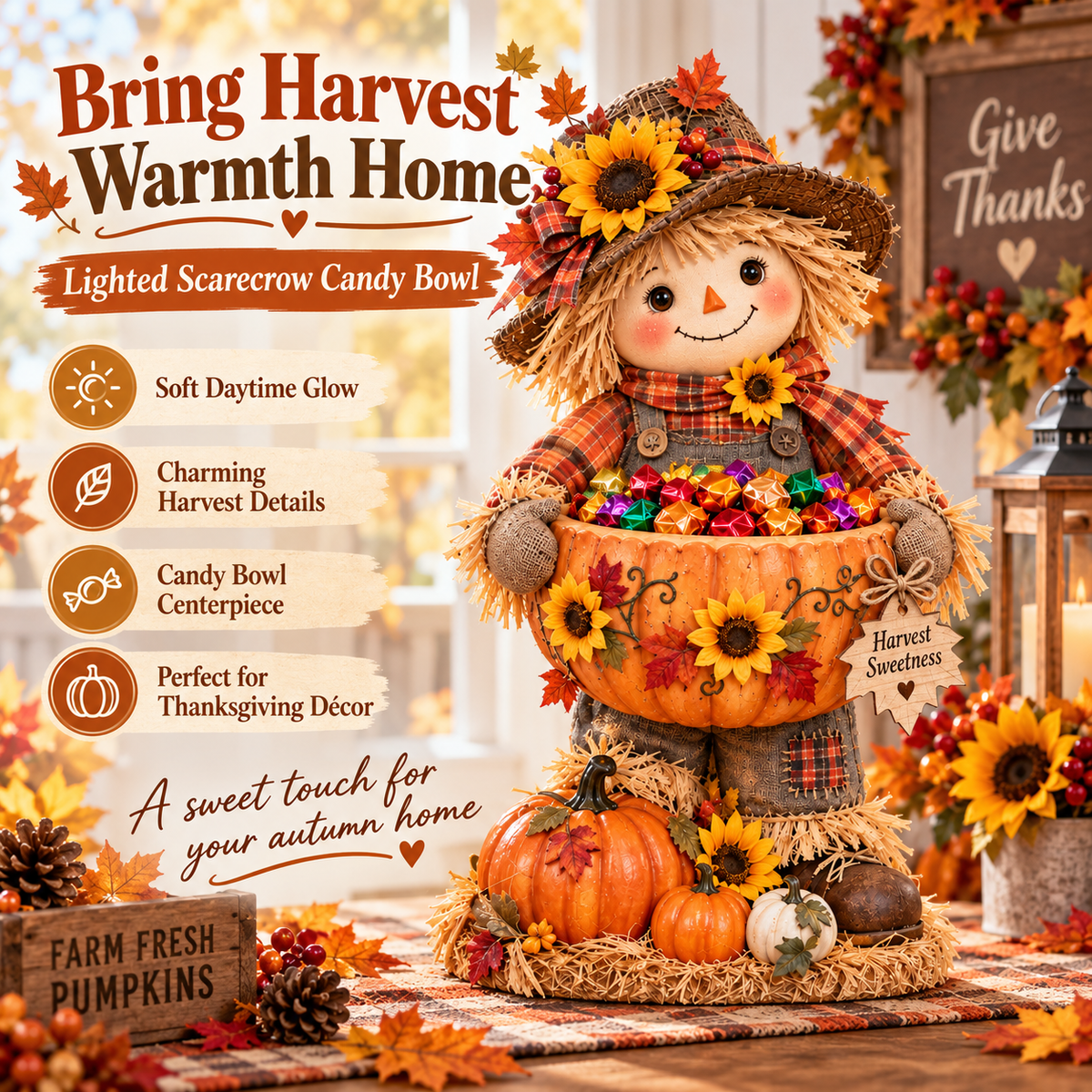 🍂 Harvest Buddy™ – Lighted Scarecrow Candy Bowl & Thanksgiving Centerpiece