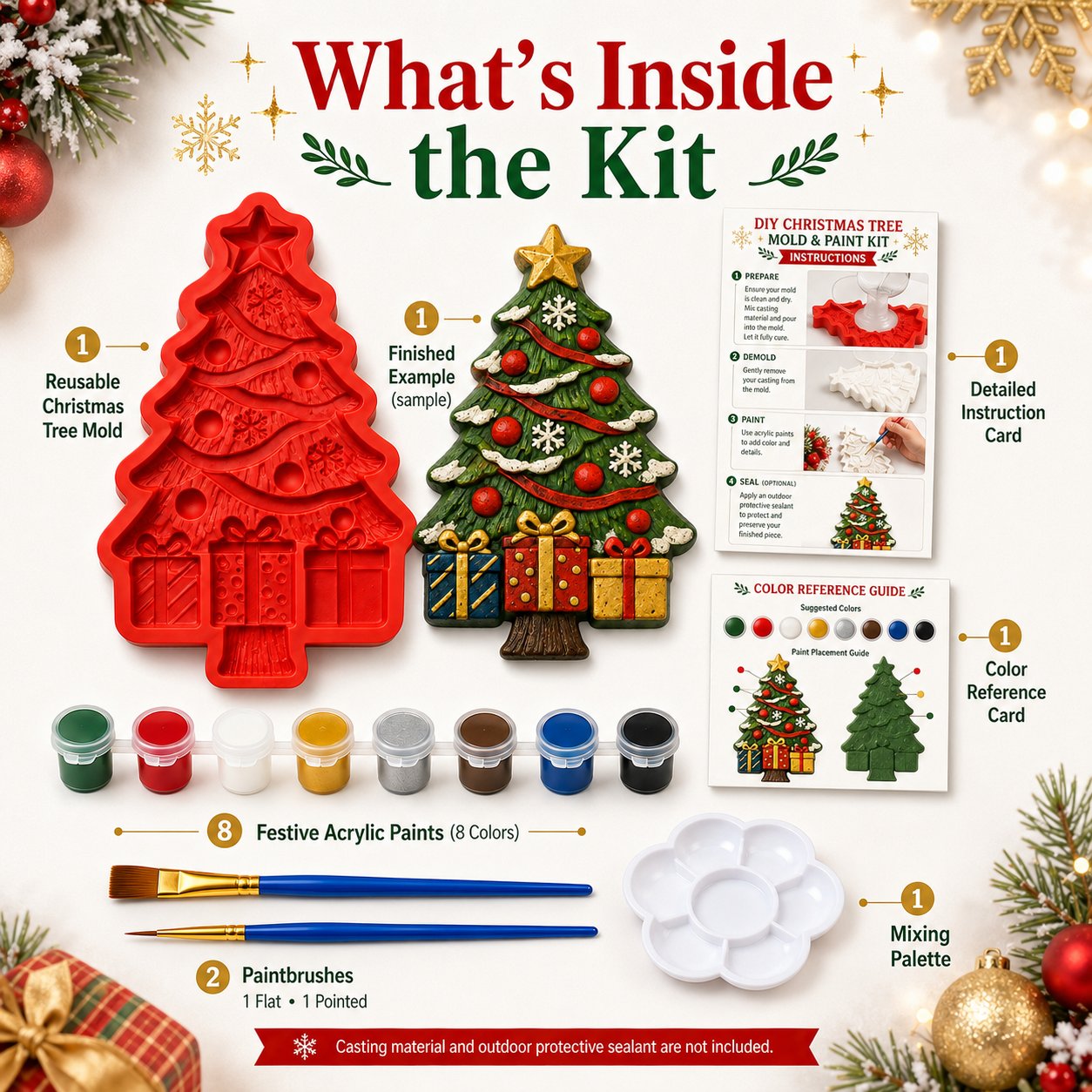 🎉🎄 DIY Christmas Tree Mold & Paint Craft Kit | Reusable 3D Mold with 8 Acrylic Paints, 2 Brushes & Festive Detail Guide 🎨✨