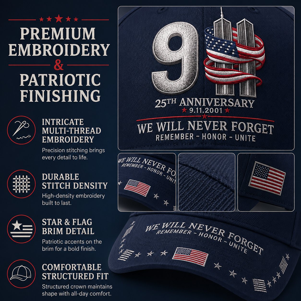 🔥LAST DAY 50% OFF - 9/11 25th Anniversary We Will Never Forget Embroidered Memorial Baseball Cap – Unisex Patriotic Memorial Hat🧢 100% Cotton