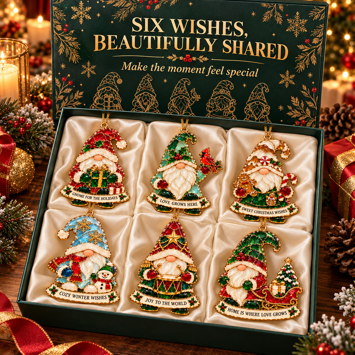All six Christmas gnome designs arranged together in a collection display