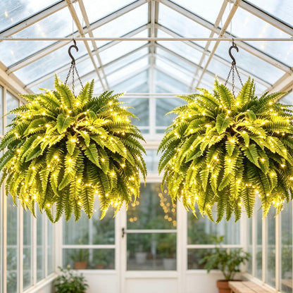 🌿 Lighted Boston Fern Hanging Basket – Lush No-Water Greenery with Warm Lights