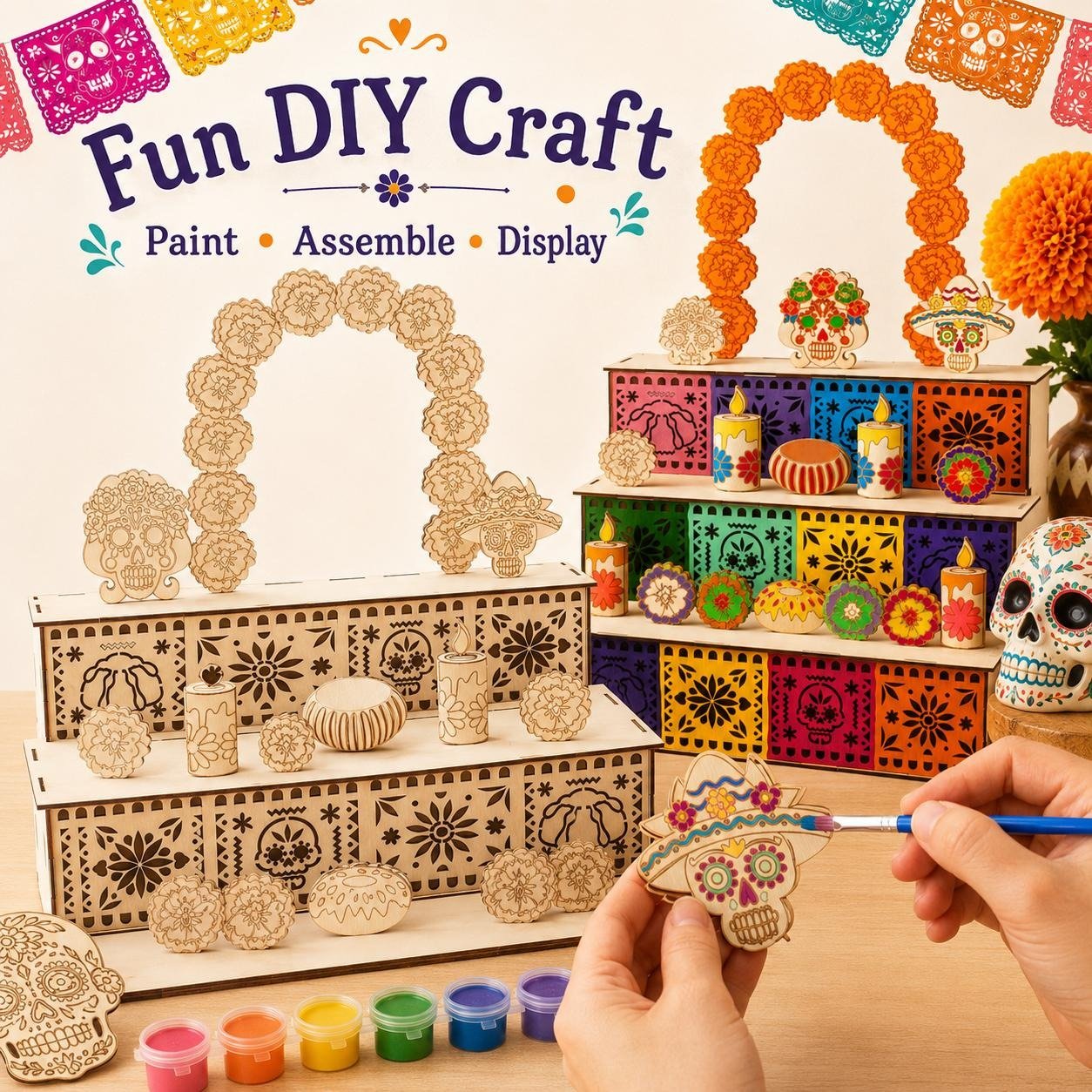 🔥Last day with huge discounts!-✨🌈Mexican Day of the Dead Wooden Altar Display Set 🎃