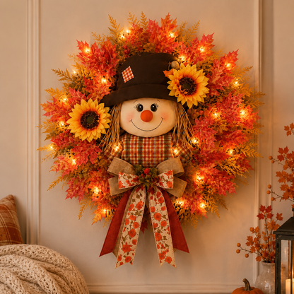 🔥🍁 Fall Favorite – Lighted Scarecrow Front Door Wreath