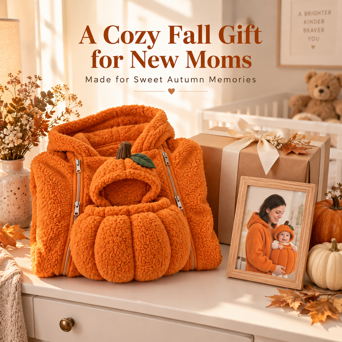 Pumpkin baby carrier hoodie arranged as a fall gift for a new mom