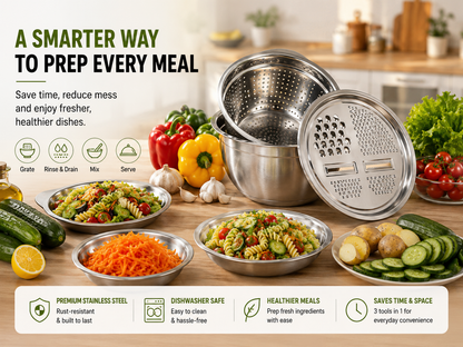 🥗 3-in-1 Stainless Steel Prep Bowl Set – Grate, Rinse, Mix & Serve