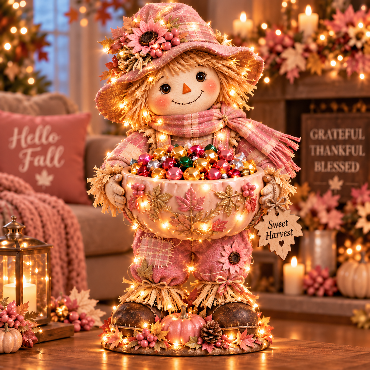 🍂 Harvest Buddy™ – Lighted Scarecrow Candy Bowl & Thanksgiving Centerpiece