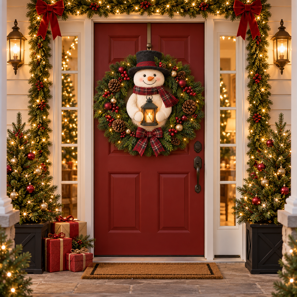 Complete Christmas entry display with a snowman wreath centered on a red door, garlands and miniature trees