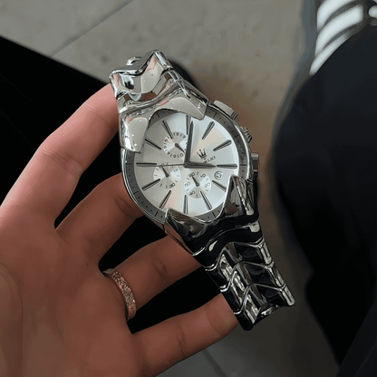 Sculptural Wave-Link Chronograph Watch – 43mm Integrated Steel Bracelet