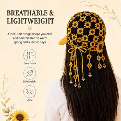 🌻 Sunflower Crochet Baseball Cap – Breathable Boho Hat with Floral Tassels
