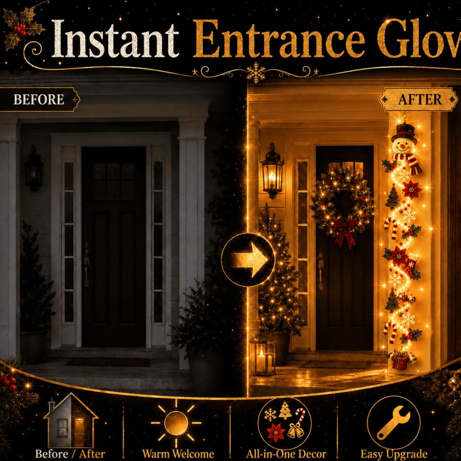 Before and after glowing Christmas entryway door hanger display