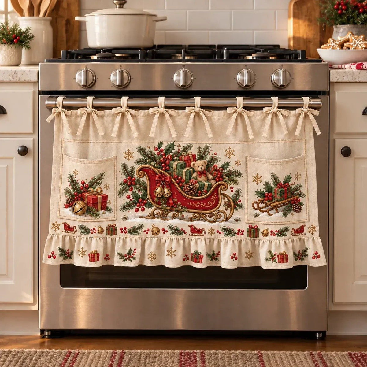 🎄 Christmas Kitchen Tie-On Skirt | Festive Holiday Designs with Pockets & Ruffled Trim