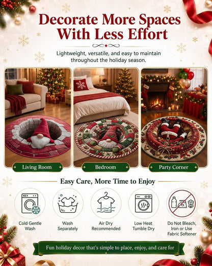 🎄3D Christmas Gnome Optical Illusion Round Rug | Fun Festive Home Decor Must‑Have⭐🏠🎁