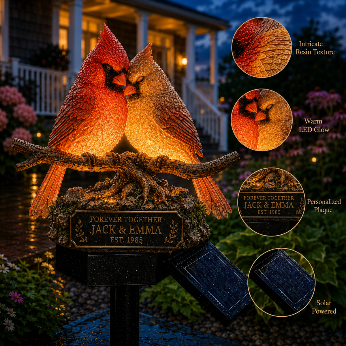 Cardinal couple solar light feather texture and personalized plaque