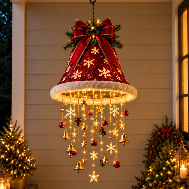 Red Christmas hat with bow, snowflake details, warm lights and hanging bells