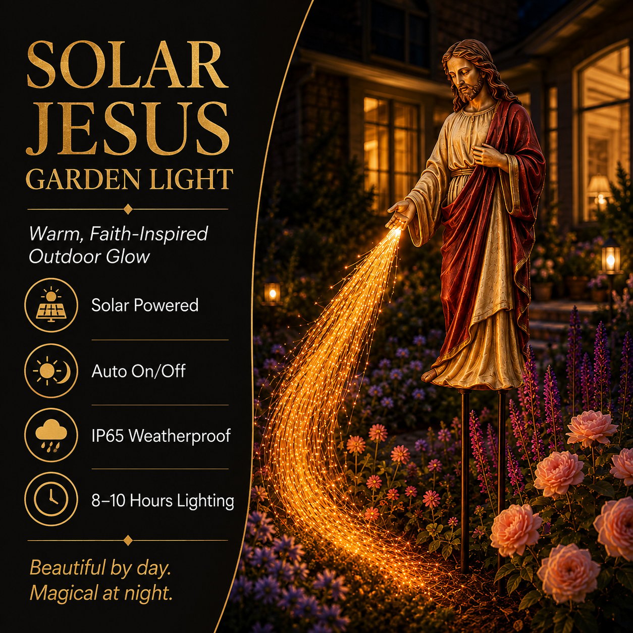 Solar Jesus fiber optic garden light glowing beside flowers at night