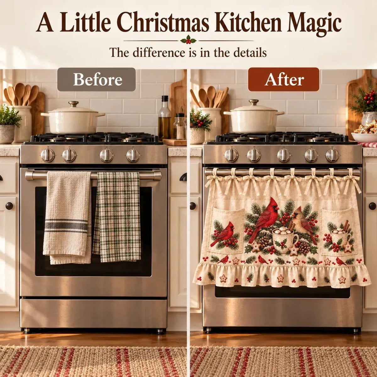 🎄 Christmas Kitchen Tie-On Skirt | Festive Holiday Designs with Pockets & Ruffled Trim