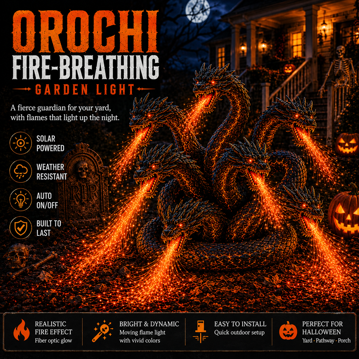 Orochi fire-breathing solar Halloween garden light