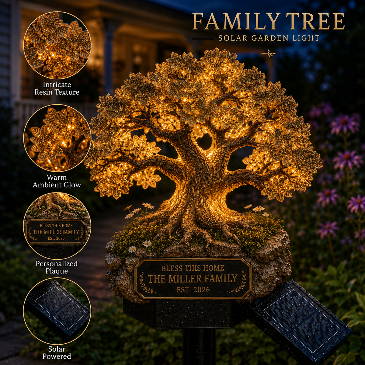 Family tree solar light illuminated texture and personalized plaque