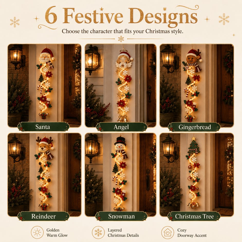 Six festive Christmas door hanger designs including Santa, angel, gingerbread, reindeer, snowman and Christmas tree
