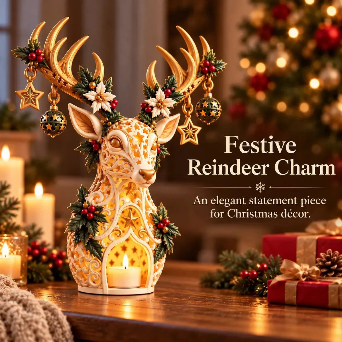 🦌✨ Golden Starlight Reindeer™ – Christmas Candle Holder with Magical Starry Glow 🎄🕯️