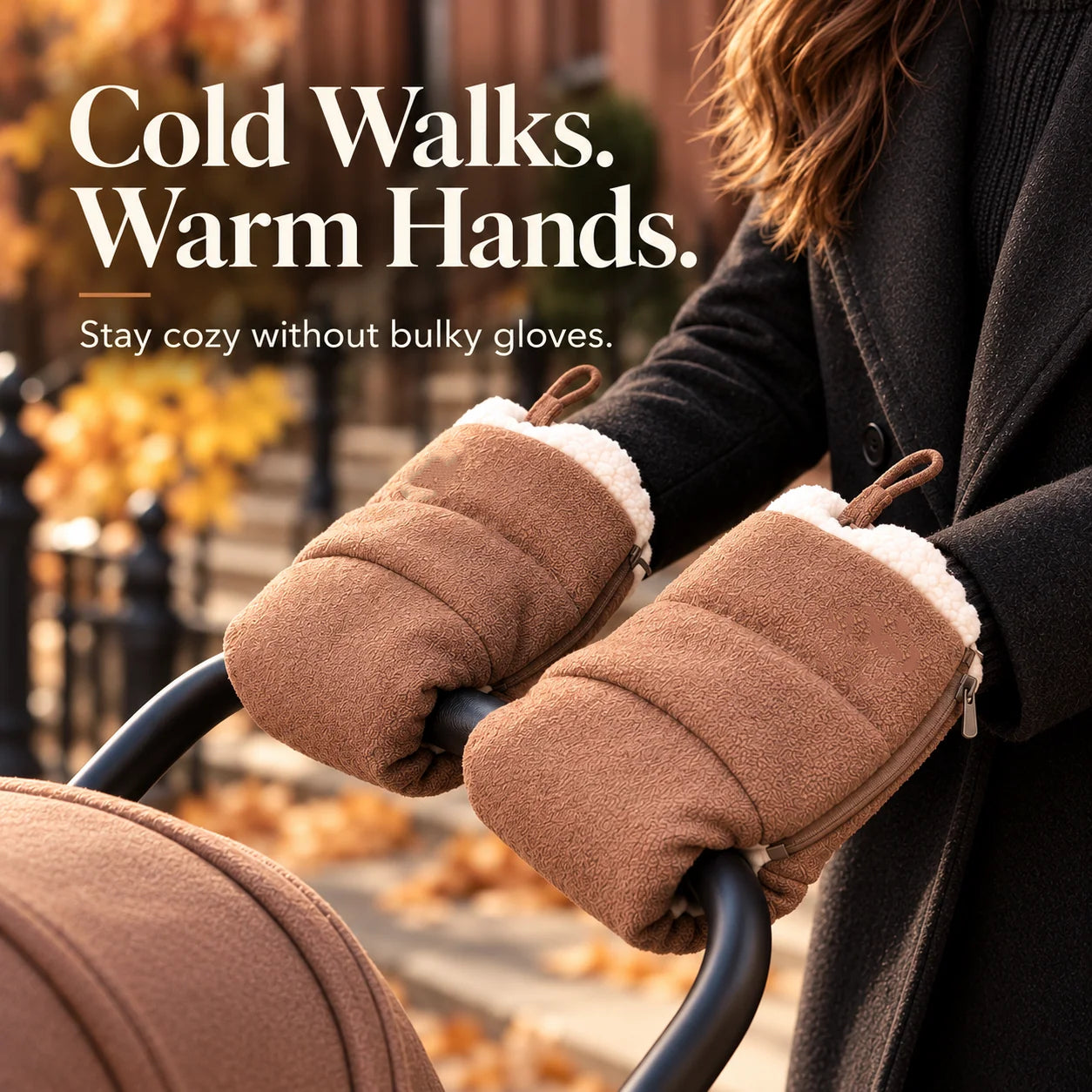 Hands inside brown quilted stroller hand warmers with cream cuffs on a city walk
